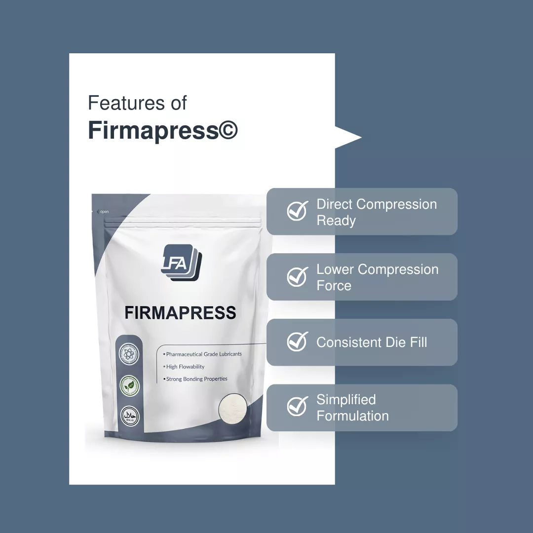 Graphic displaying the features of Firmapress alongside a product image of the bag. Direct Compression Ready, Lower Compression Force, Consistent Die Fill, Simplified Formulation